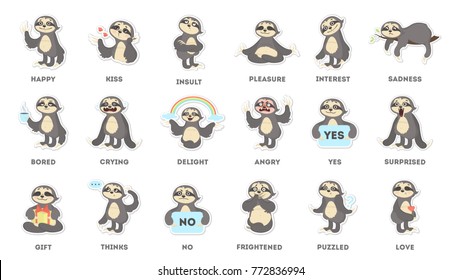 Sloth sticker set. Sad and fun, angry and surprised.