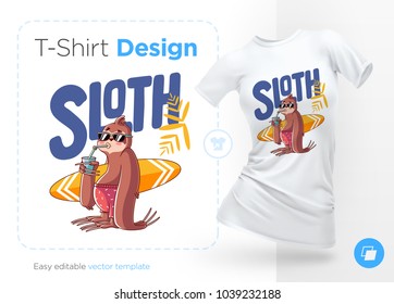 Sloth Surfer. Druck auf T-Shirts, Sweatshirts und Souvenirs. Vektorgrafik