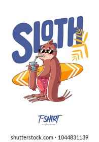 Sloth surfer. Print on T-shirts, sweatshirts and souvenirs. Vector illustration