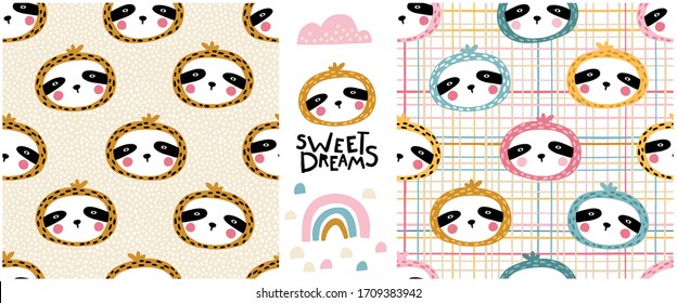 Sloth. Sweet dreams. Cute face of an animal with lettering and seamless pattern. Childish print for nursery in a Scandinavian style. For baby clothes. Vector cartoon illustration in pastel colors.