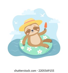 Sloth swimming on rubber ring in the sea. Summer character, vacation activity. Cute seasonal vector illustration in flat cartoon style