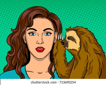 Sloth talking with girl pop art retro vector illustration. Comic book style imitation.