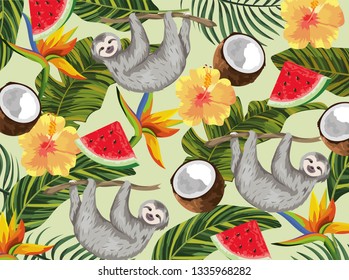 sloth with tropical coconut and exotic flowers