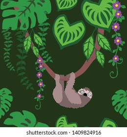 Sloth in Tropical Jungle Seamless Pattern, Tropical Rain forest Background Repeat Pattern 