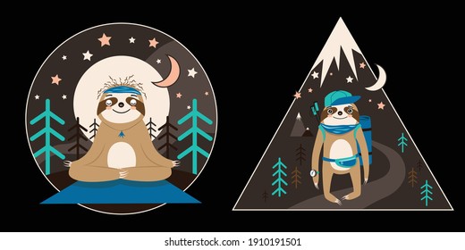 Sloth, vector cartoon character. Traveler. Meditation, yoga practice, hiking, trekking, camping, lotus pose. Set of isolated print designs on black background. Cut, funny active sloth. Mountains