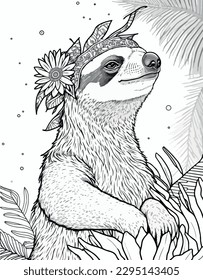 Sloth vector coloring book black and white for kids and adults isolated line art on white background.