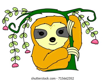 Sloth vector cute animal cartoon art funny face green branch leaf pink flower nature 