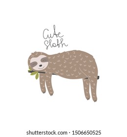 Sloth. Vector illustration for printing on fabric, clothes, dishes, packaging paper. Cute baby background.