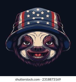Sloth wearing bucket hat america flag vector illustration for your company or brand