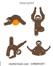 Sloth yoga collection. Funny cartoon animals in different postures set. Vector illustration