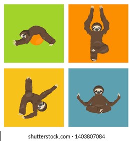 Sloth yoga collection. Funny cartoon animals in different postures set. Vector illustration