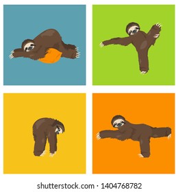 Sloth yoga collection. Funny cartoon animals in different postures set. Vector illustration