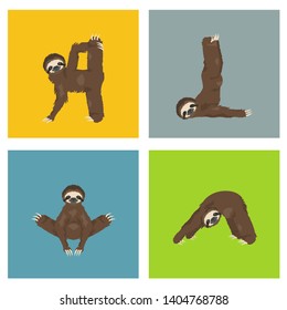 Sloth yoga collection. Funny cartoon animals in different postures set. Vector illustration