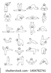 Sloth yoga collection. Funny cartoon animals in different postures set. Thin line design. Vector illustration