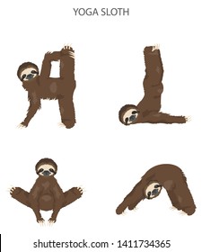 Sloth yoga collection. Funny cartoon animals in different postures set. Vector illustration