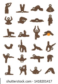 Sloth yoga collection. Funny cartoon animals in different postures set. Vector illustration