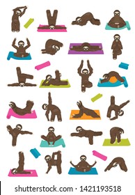 Sloth yoga collection. Funny cartoon animals in different postures set. Vector illustration