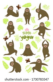 Sloth yoga. Different poses. Sloths isolated on a white background. Vector graphics.