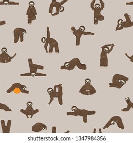 Sloth yoga seamless pattern. Funny cartoon animals in different postures set. Vector illustration