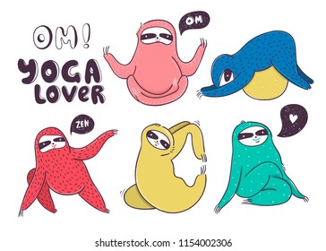 Sloth yoga. Various poses. Colored vector set. All elements are isolated