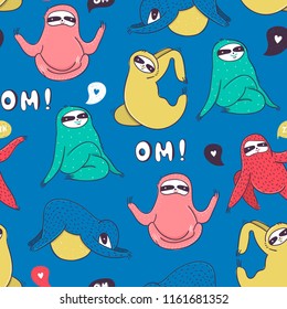 Sloth yoga. Various poses. Colored vector seamless pattern. Blue background