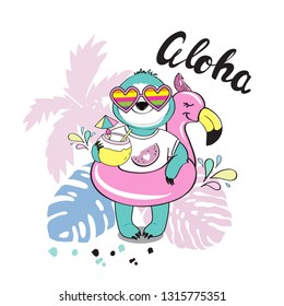 The slothful with flamingo circle and aloha inscription