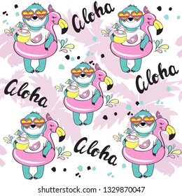 The slothful with flamingo circle and aloha inscription seamless pattern