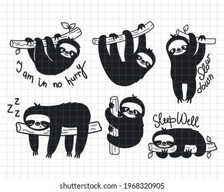 Sloths bundle.  Cute baby animals sleeping, hanging and smiling. Silhouette vector flat illustration. Cutting file. Suitable for cutting software. Cricut, Silhouette