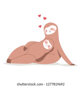 Sloths couple with hearts. Valentine Day vector cartoon funny animal character isolated on white background.