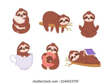 Sloths. Cute lazy sloths relax on branches wild animals in action poses baby hanging trees asleep characters exact vector cartoon pictures