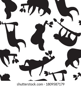 Sloths family , cute , funny seamless pattern on white background. Concept for print, textile, cards, wallpaper 