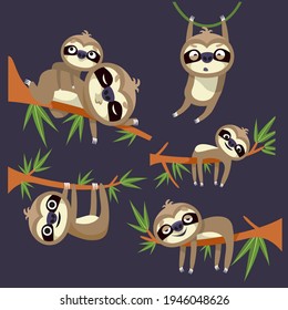 Sloths hang, lie on tree branches. Vector illustration for games, logos, patterns, wallpapers, patterns, designs.