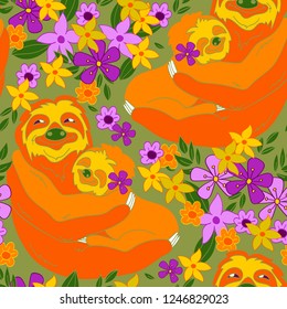 Sloths hugging among flowers, seamless vector pattern