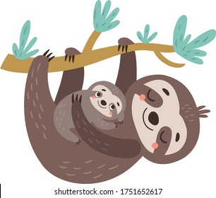 Sloths. Mom and baby. Vector illustration