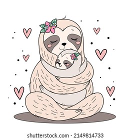 Sloths Mom hug Baby Love from Mommy Family hug 