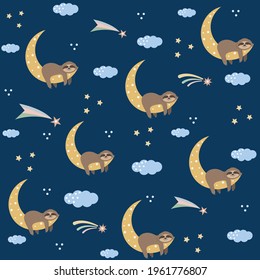 Sloths on the Moon among clouds and stars, children's pattern on a dark blue background