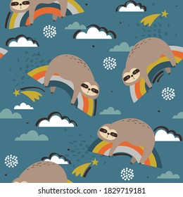 Sloths, rainbow and clouds hand drawn backdrop. Colorful seamless pattern with animals. Decorative cute wallpaper, good for printing. Overlapping background vector. Design illustration