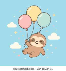 Sloth's Skyward Adventure, A cute sloth floats amidst a backdrop of a bright blue sky. This whimsical scene, with its cheerful balloons and fluffy clouds, represents moments of joy and freedom.
