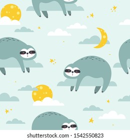 Sloths, stars, moon and clouds hand drawn backdrop. Colorful seamless pattern with animals. Decorative cute wallpaper, good for printing. Overlapping background vector. Design illustration