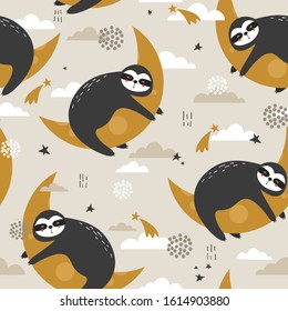 Sloths, stars, moon and clouds hand drawn backdrop. Colorful seamless pattern with animals. Decorative cute wallpaper, good for printing. Overlapping background vector. Design illustration