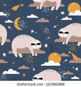 Sloths, stars, moon and clouds hand drawn backdrop. Colorful seamless pattern with animals. Decorative cute wallpaper, good for printing. Overlapping background vector. Design illustration