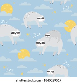 Sloths, stars, moon and clouds hand drawn backdrop. Colorful seamless pattern with animals. Decorative cute wallpaper, good for printing. Overlapping background vector. Design illustration