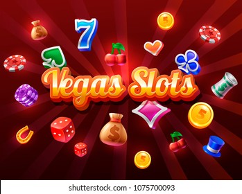 Slots 3d Element einzeln auf rotem Hintergrund mit Casino-Symbolen. Vektorgrafik