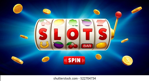 Slots 3d-Element einzeln auf blauem Hintergrund mit Platz für Text-Casino-Objekt 777 Symbole Goldmünzen roter Knopfdruck