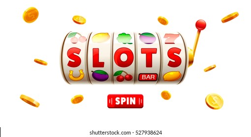 slots 3d element isolated on white background with place for text casino object gold coins red button spin.
