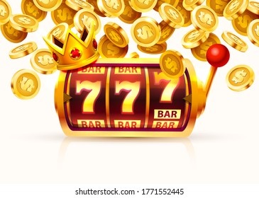 Slots 777 banner, golden coins jackpot, Casino 3d cover, slot machines and roulette with cards. Vector illustration