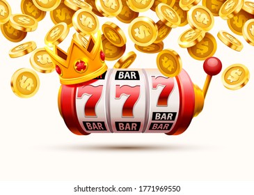 Slots 777 banner, golden coins jackpot, Casino 3d cover, slot machines and roulette with cards. Vector illustration