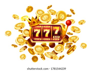 Slots 777 banner, golden coins jackpot, Casino 3d cover, slot machines and roulette with cards. Vector illustration