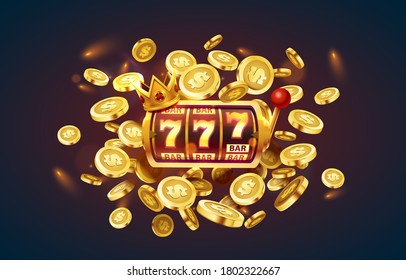 Slots 777 banner, golden coins jackpot, Casino 3d cover, slot machines and roulette with cards. Vector illustration