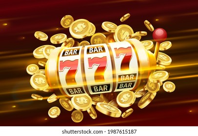 Slots 777 banner, golden coins jackpot, Casino 3d cover, slot machines and roulette with cards. Vector illustration